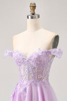 Load image into Gallery viewer, Glitter Lilac A Line Appliqued Short Corset Homecoming Dress