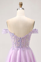 Load image into Gallery viewer, Glitter Lilac A Line Appliqued Short Corset Homecoming Dress