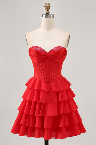 Sparkly Red A Line Tiered Short Corset Homecoming Dress with Beading
