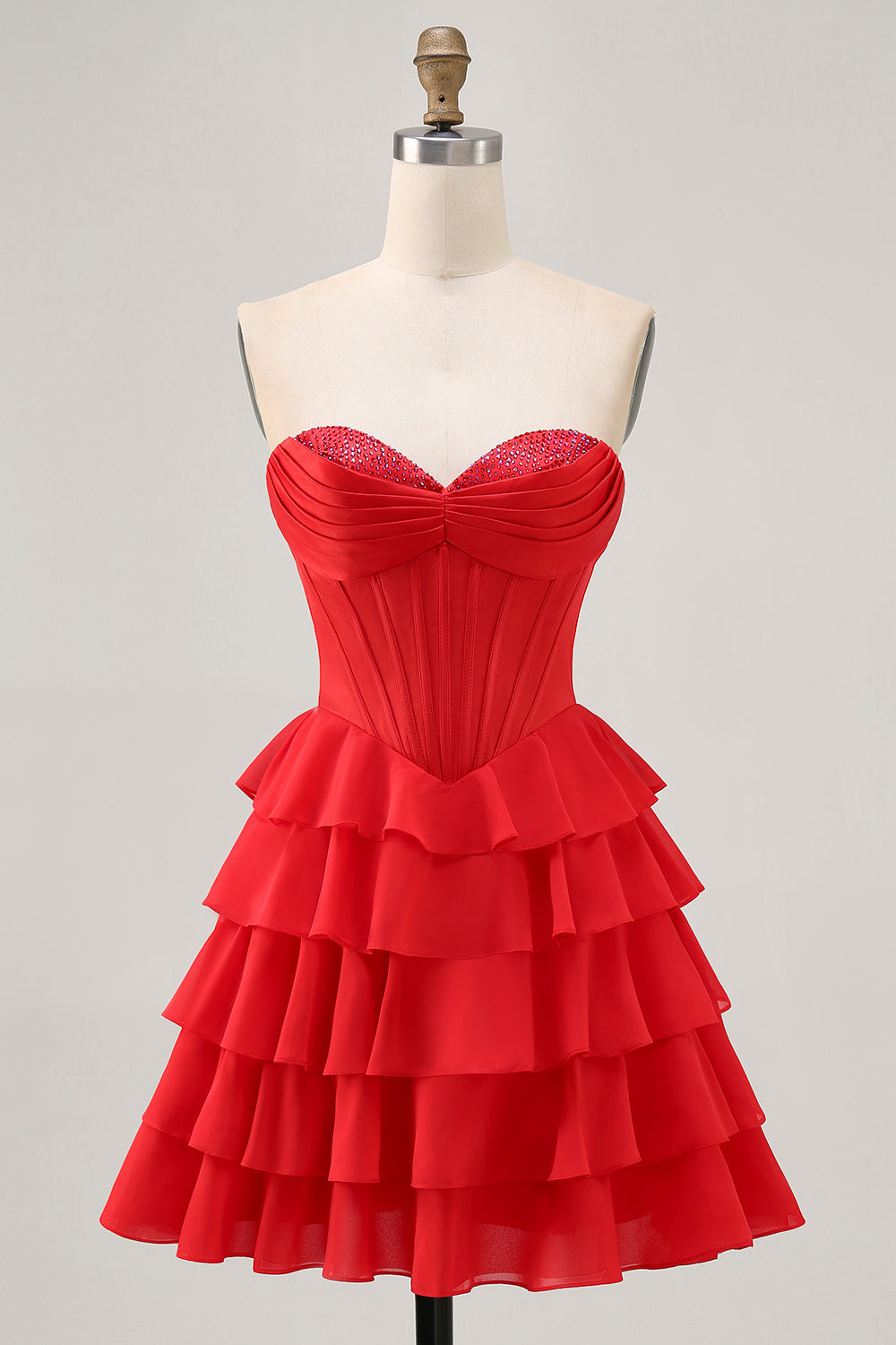 Sparkly Red A Line Tiered Short Corset Homecoming Dress with Beading