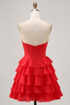 Sparkly Red A Line Tiered Short Corset Homecoming Dress with Beading