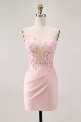Foral Blush Tight Satin Short Corset Homecoming Dress with Lace