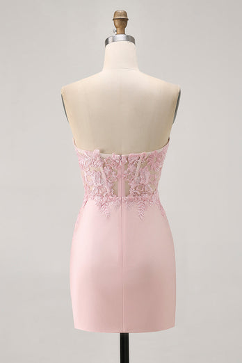 Foral Blush Tight Satin Short Corset Homecoming Dress with Lace