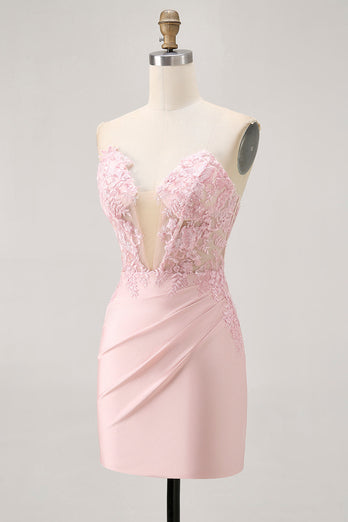 Foral Blush Tight Satin Short Corset Homecoming Dress with Lace