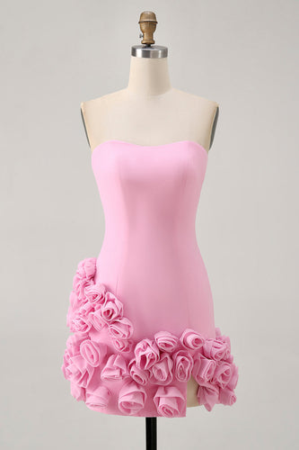 Pink Satin Tight Strapless Short Homecoming Dress with 3D Flowers