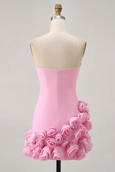 Pink Satin Tight Strapless Short Homecoming Dress with 3D Flowers