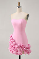 Load image into Gallery viewer, Pink Satin Tight Strapless Short Homecoming Dress with 3D Flowers