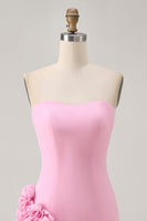 Load image into Gallery viewer, Pink Satin Tight Strapless Short Homecoming Dress with 3D Flowers