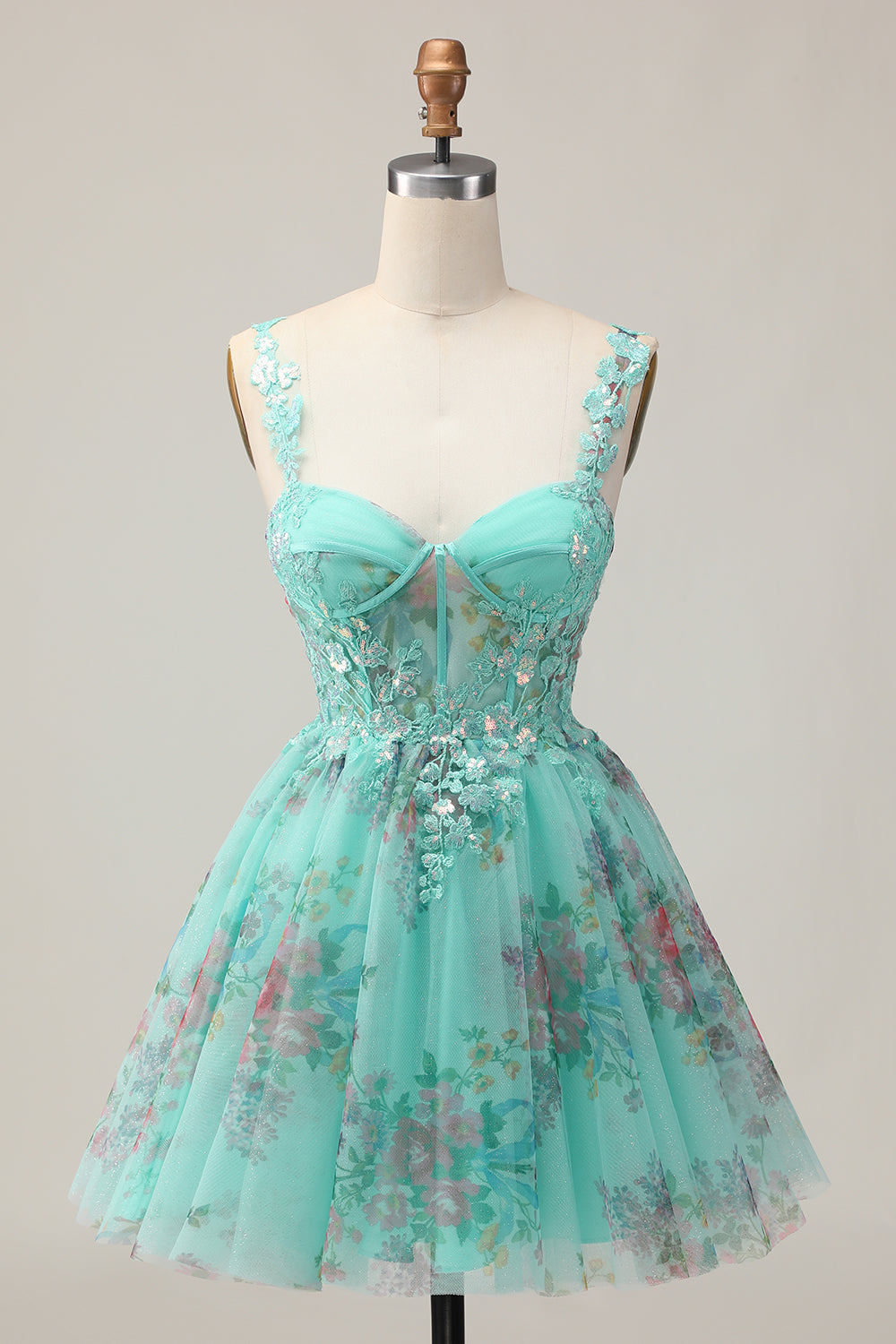 Sparkly Green Floral A Line Short Corset Homecoming Dress with Sequins