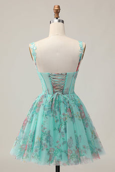 Sparkly Green Floral A Line Short Corset Homecoming Dress with Sequins