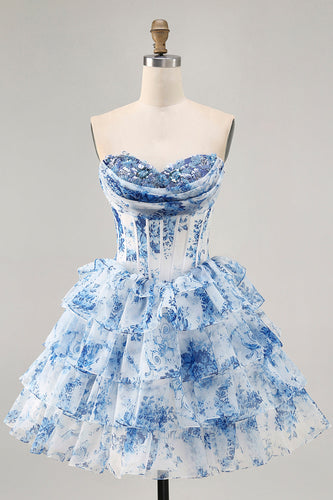 Sparkly White Blue Floral A Line Short Corset Homecoming Dress with Ruffles