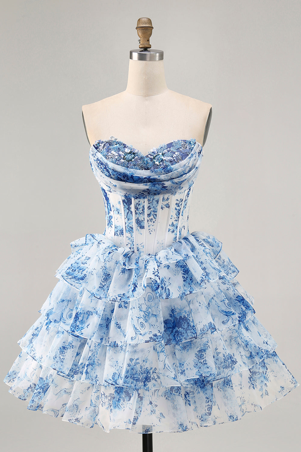 Sparkly White Blue Floral A Line Short Corset Homecoming Dress with Ruffles