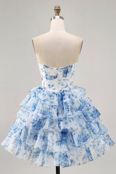 Sparkly White Blue Floral A Line Short Corset Homecoming Dress with Ruffles