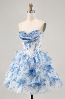 Load image into Gallery viewer, Sparkly White Blue Floral A Line Short Corset Homecoming Dress with Ruffles