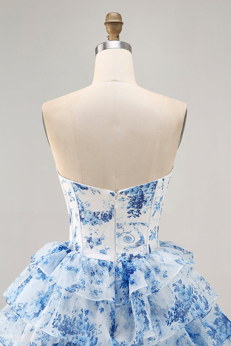 Load image into Gallery viewer, Sparkly White Blue Floral A Line Short Corset Homecoming Dress with Ruffles