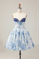 Load image into Gallery viewer, Sparkly Floral White and Blue A Line Beaded Short Corset Homecoming Dress