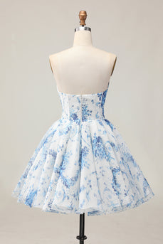 Sparkly Floral White and Blue A Line Beaded Short Corset Homecoming Dress