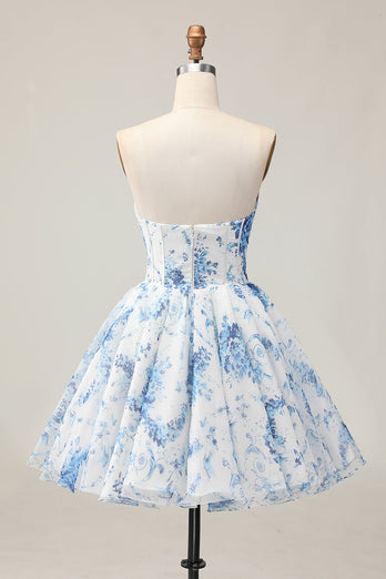 Sparkly Floral White and Blue A Line Beaded Short Corset Homecoming Dress