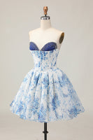 Load image into Gallery viewer, Sparkly Floral White and Blue A Line Beaded Short Corset Homecoming Dress