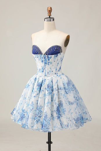Sparkly Floral White and Blue A Line Beaded Short Corset Homecoming Dress