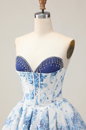 Sparkly Floral White and Blue A Line Beaded Short Corset Homecoming Dress