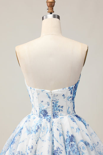 Sparkly Floral White and Blue A Line Beaded Short Corset Homecoming Dress