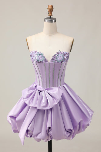 Sparkly Purple A Line Satin Beaded Short Corset Homecoming Dress with Bow