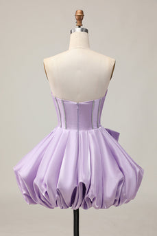 Sparkly Purple A Line Satin Beaded Short Corset Homecoming Dress with Bow