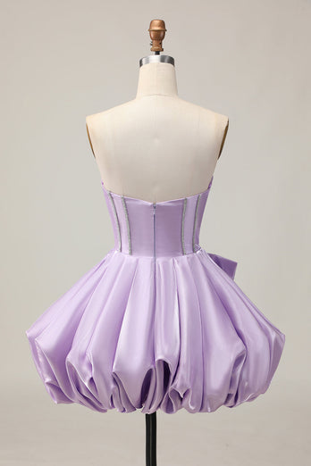 Sparkly Purple A Line Satin Beaded Short Corset Homecoming Dress with Bow