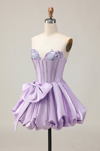 Sparkly Purple A Line Satin Beaded Short Corset Homecoming Dress with Bow