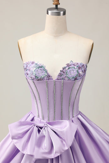 Sparkly Purple A Line Satin Beaded Short Corset Homecoming Dress with Bow