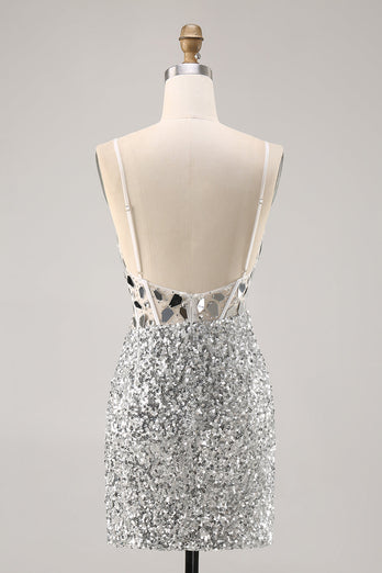 Sparkly Silver V-Neck Short Sequins Corset Mirror Homecoming Dress