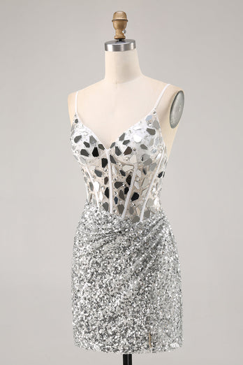 Sparkly Silver V-Neck Short Sequins Corset Mirror Homecoming Dress
