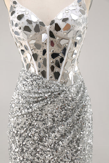 Sparkly Silver V-Neck Short Sequins Corset Mirror Homecoming Dress