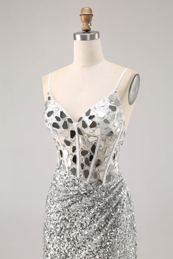Sparkly Silver V-Neck Short Sequins Corset Mirror Homecoming Dress