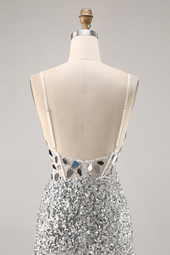 Sparkly Silver V-Neck Short Sequins Corset Mirror Homecoming Dress