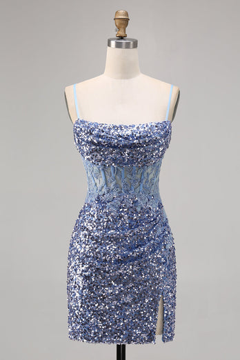 Sparkly Grey Blue Short Corset Tight Sequins Homecoming Dress with Slit