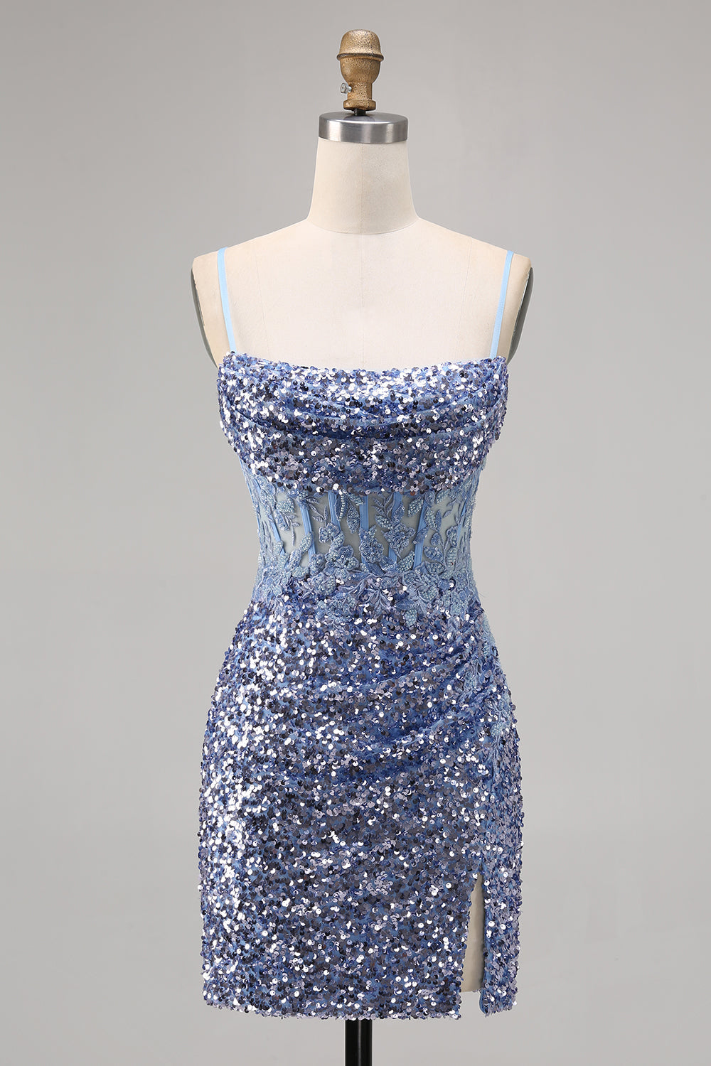 Sparkly Grey Blue Short Corset Tight Sequins Homecoming Dress with Slit