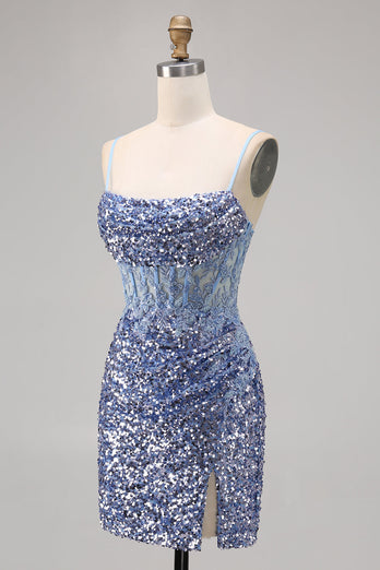Sparkly Grey Blue Short Corset Tight Sequins Homecoming Dress with Slit