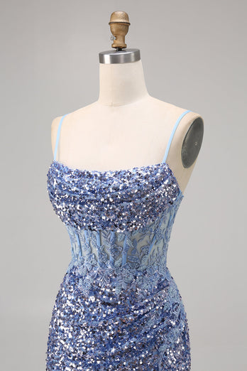 Sparkly Grey Blue Short Corset Tight Sequins Homecoming Dress with Slit