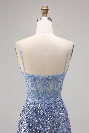 Sparkly Grey Blue Short Corset Tight Sequins Homecoming Dress with Slit