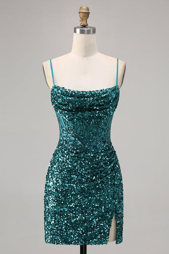 Sparkly Peacock Green Spaghetti Straps Sequins Short Homecoming Dress