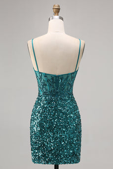 Sparkly Peacock Green Spaghetti Straps Sequins Short Homecoming Dress