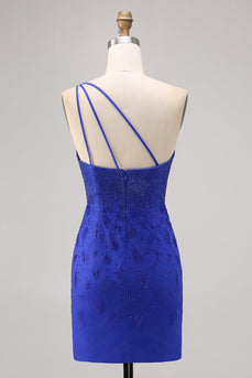 Sparkly Royal Blue Short One Shoulder Tight Homecoming Dress with Slit
