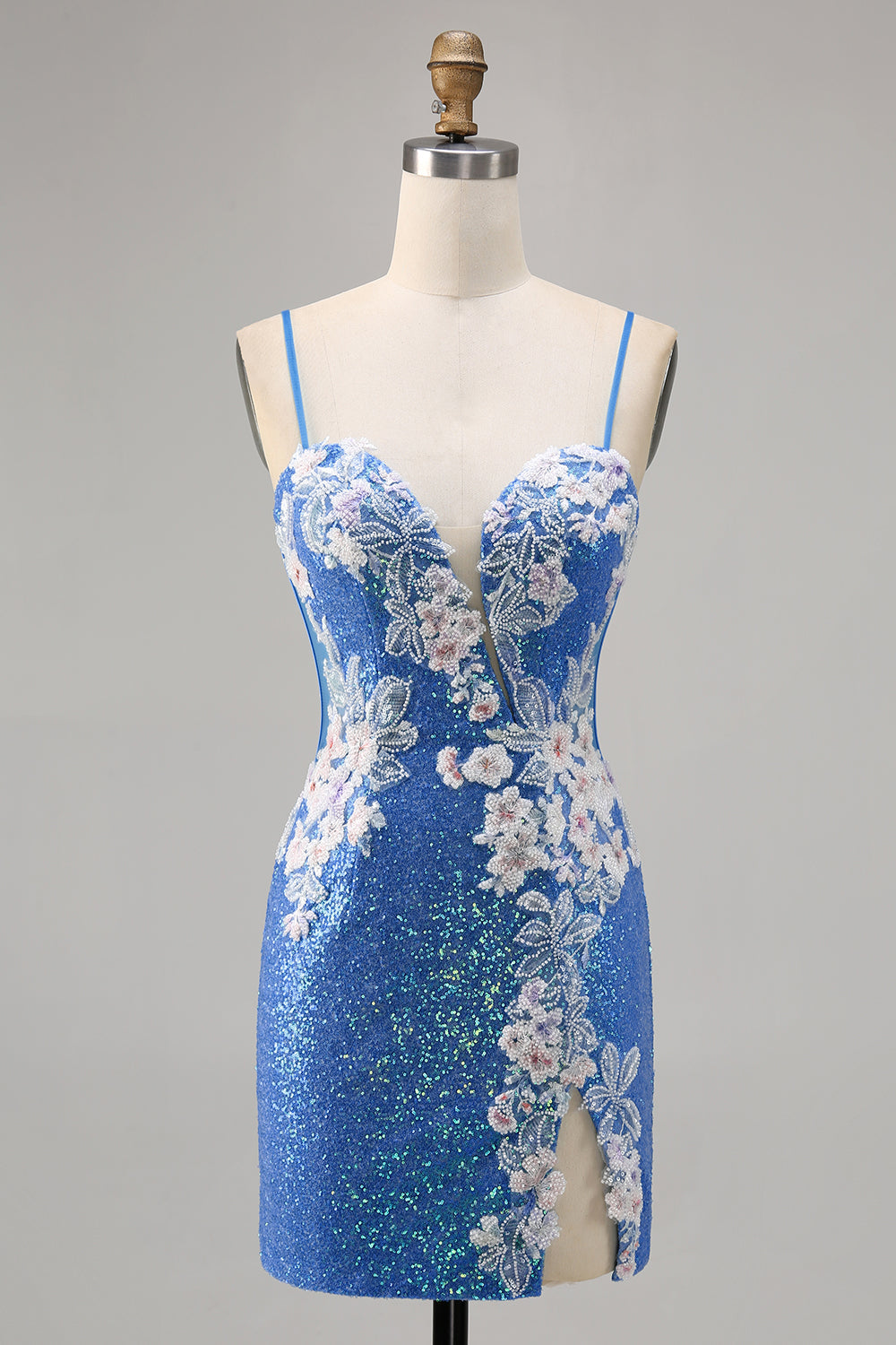 Sparkly Blue Floral Short Spaghetti Straps Homecoming Dress with Slit