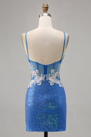 Load image into Gallery viewer, Sparkly Blue Floral Short Spaghetti Straps Homecoming Dress with Slit