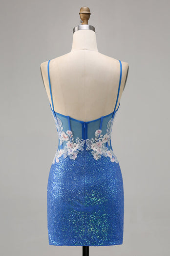 Sparkly Blue Floral Short Spaghetti Straps Homecoming Dress with Slit