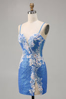 Load image into Gallery viewer, Sparkly Blue Floral Short Spaghetti Straps Homecoming Dress with Slit