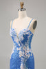 Load image into Gallery viewer, Sparkly Blue Floral Short Spaghetti Straps Homecoming Dress with Slit