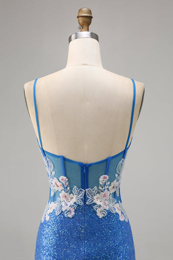 Sparkly Blue Floral Short Spaghetti Straps Homecoming Dress with Slit